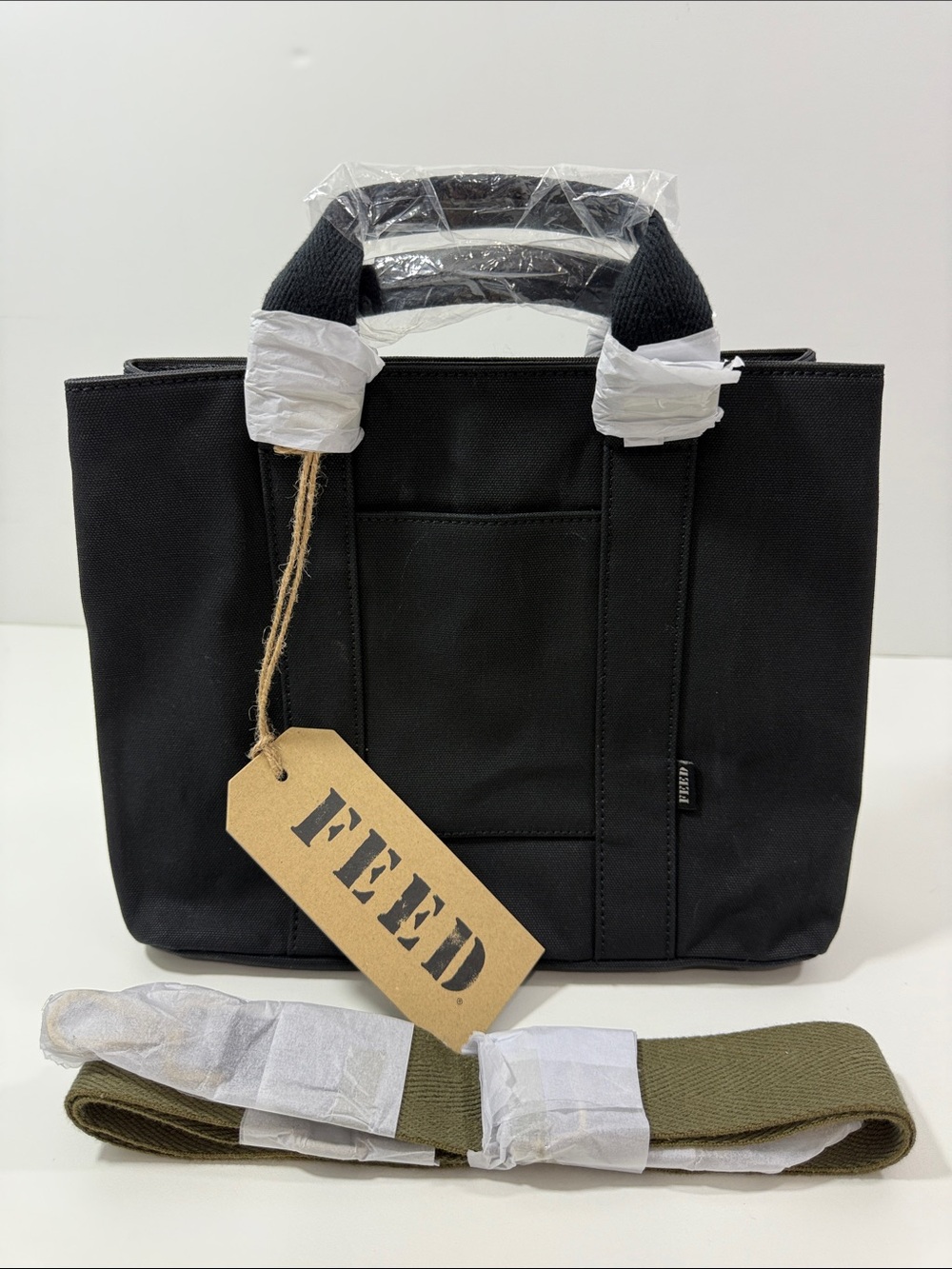 Feed canvas tote bag, black with green adjustable strap
